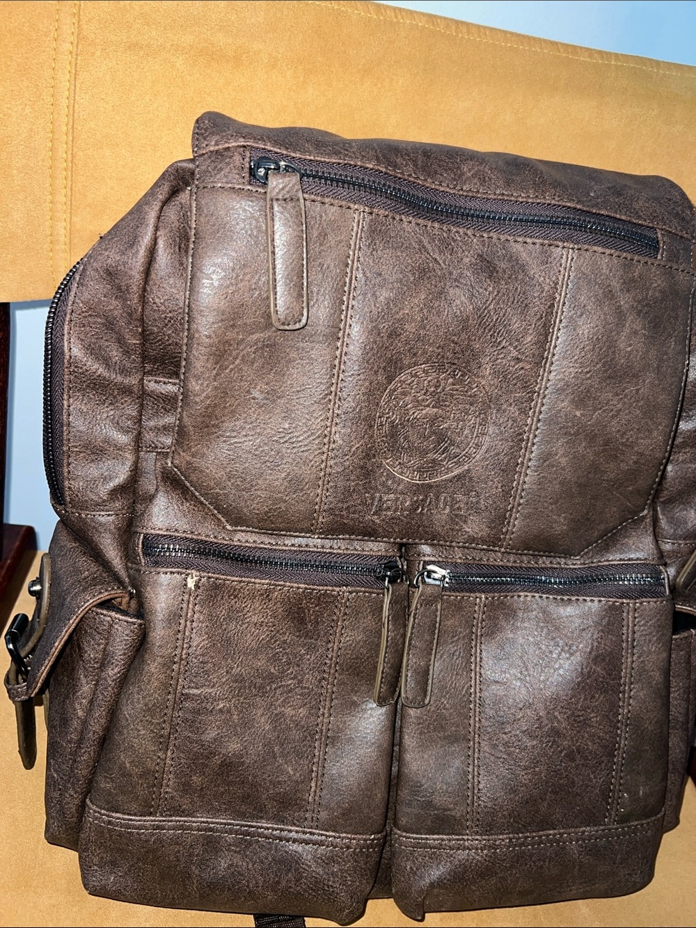 Versace Brown Faux-Leather Zip Front Backpack